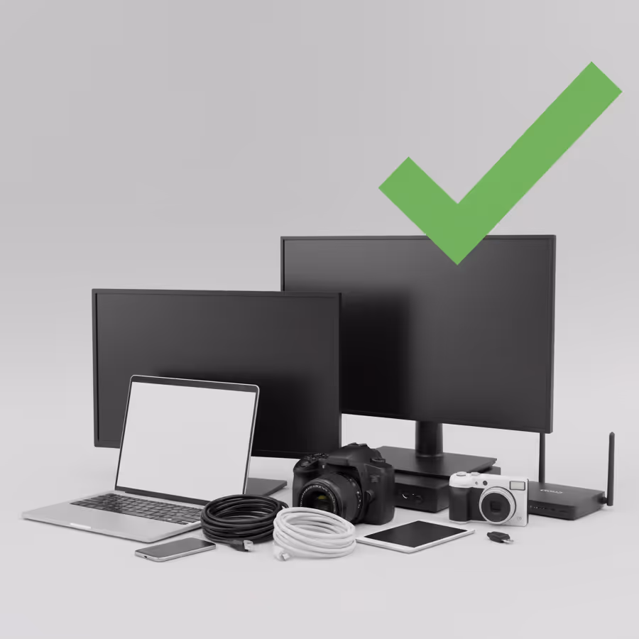 Laptops, LCD's and networking items with a checkmark