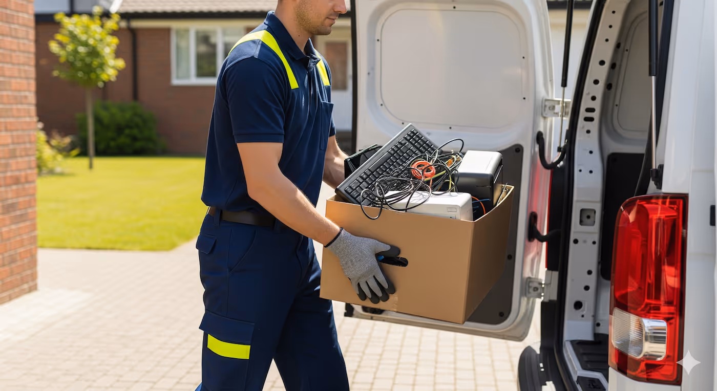 A man picking up electronics to load into a truck