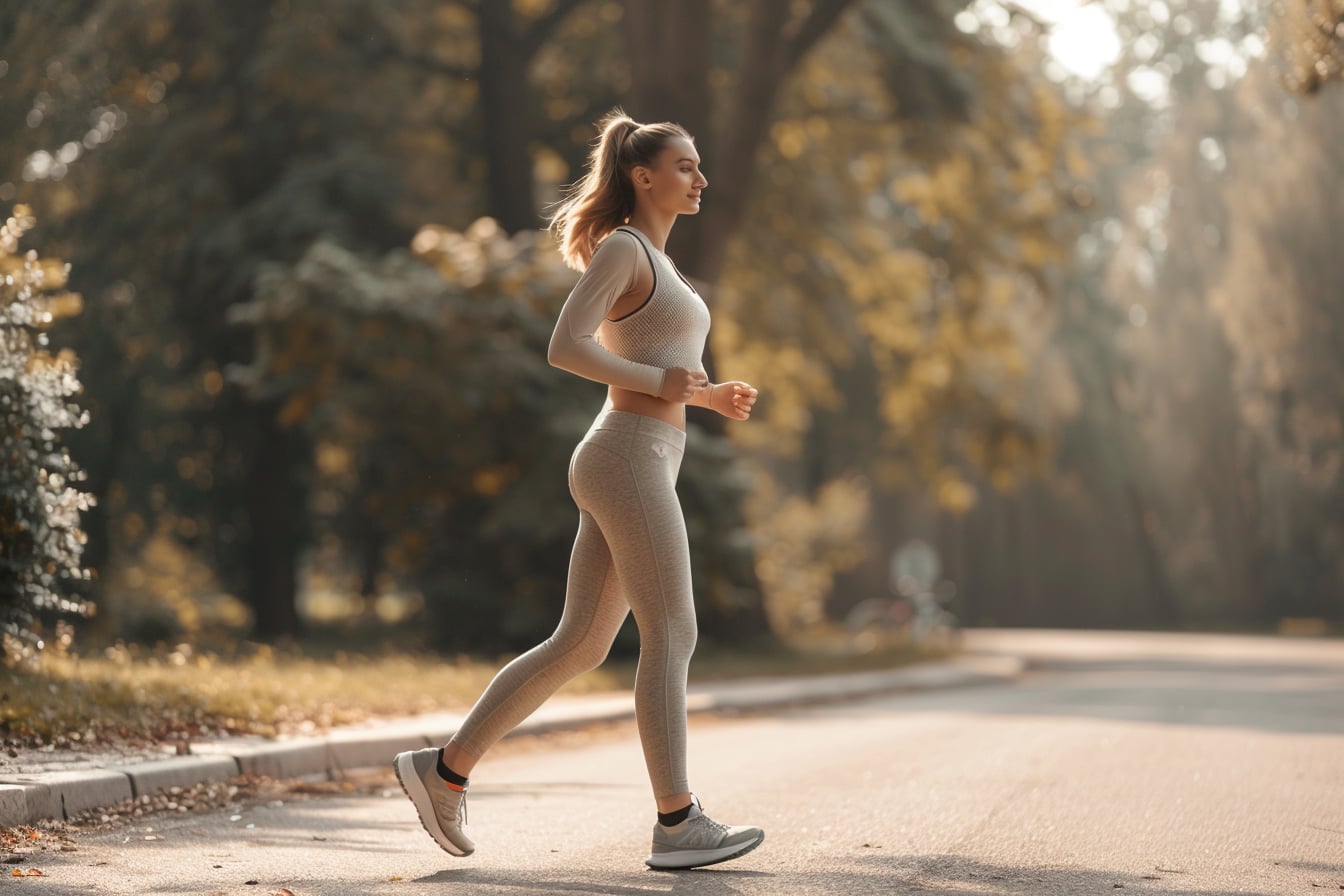 Femme en tenue de sport courant dans un parc, illustrant la performance physique et la prévention des blessures, ostéopathie et kinésiologie à Montréal