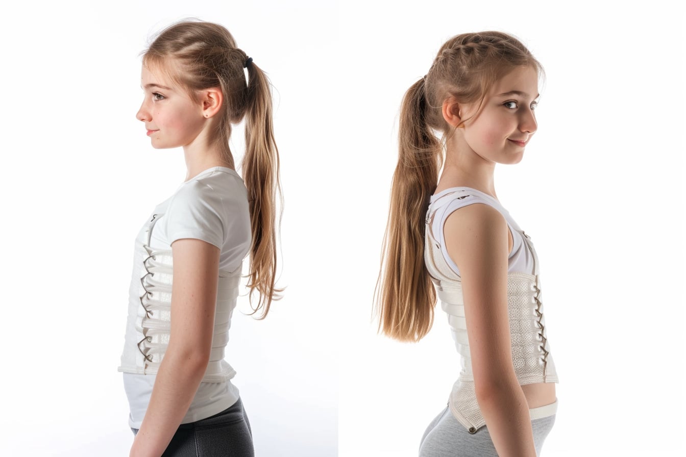 Jeune fille portant un corset orthopédique pour le traitement de la scoliose, vue de profil, soins spécialisés pour enfants et adolescents à Montréal