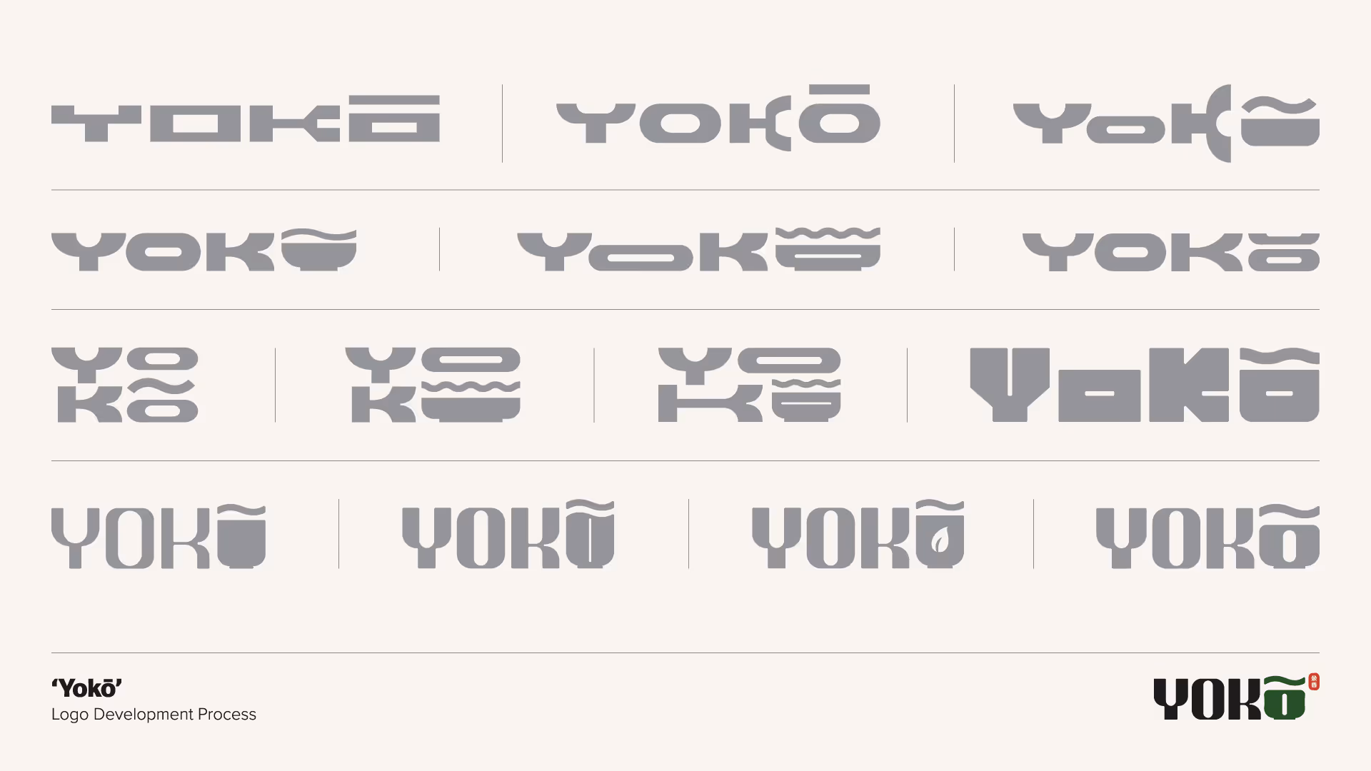 Yokō wordmark and icon: custom sans-serif with the second ‘ō’ as a matcha bowl + ripple wave, moss-green, charcoal and red hanko ‘余香’.