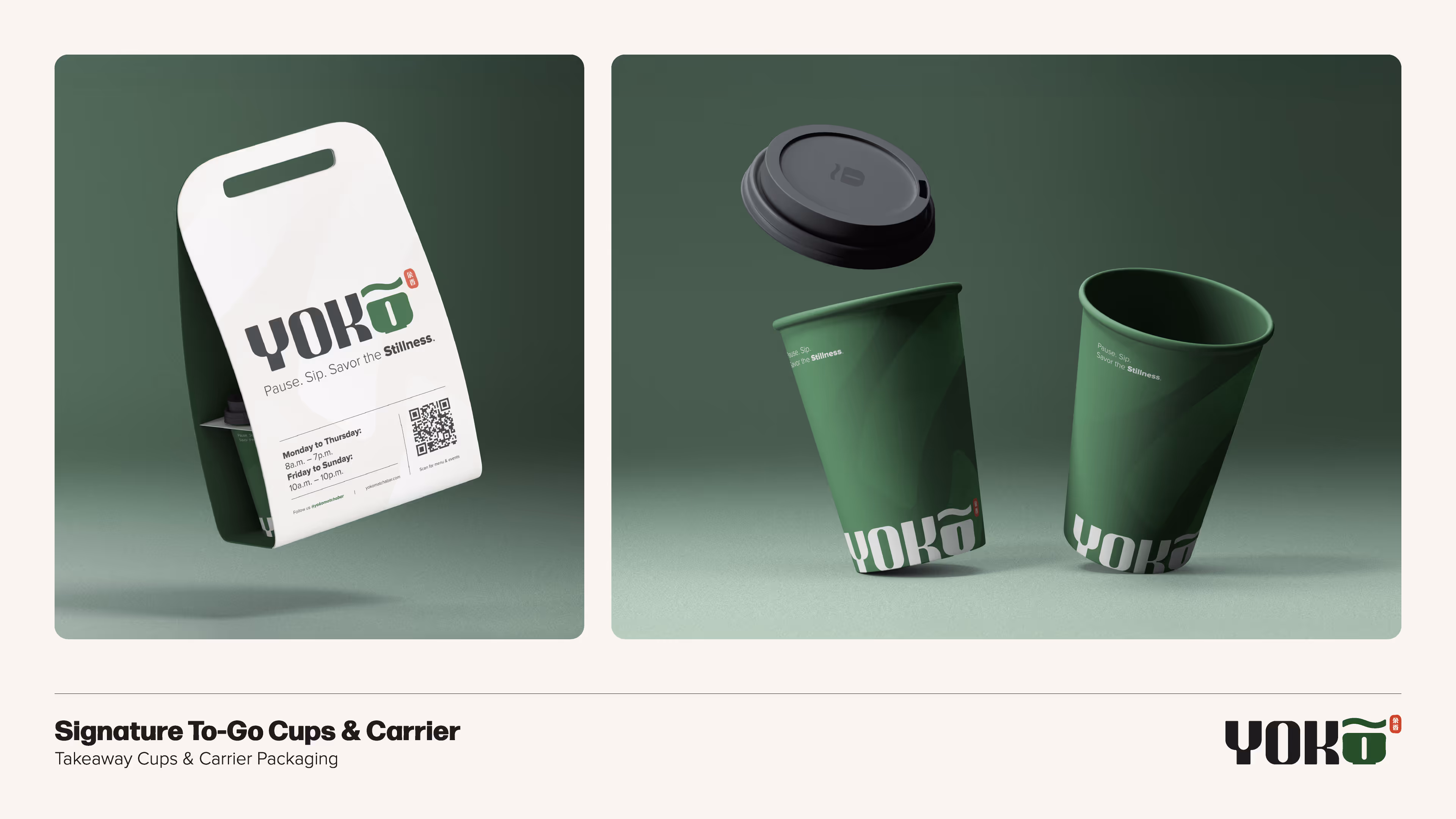 Cup carrier mockup showing Yokō logo and wave motif on a moss-green carrier with rounded handle.