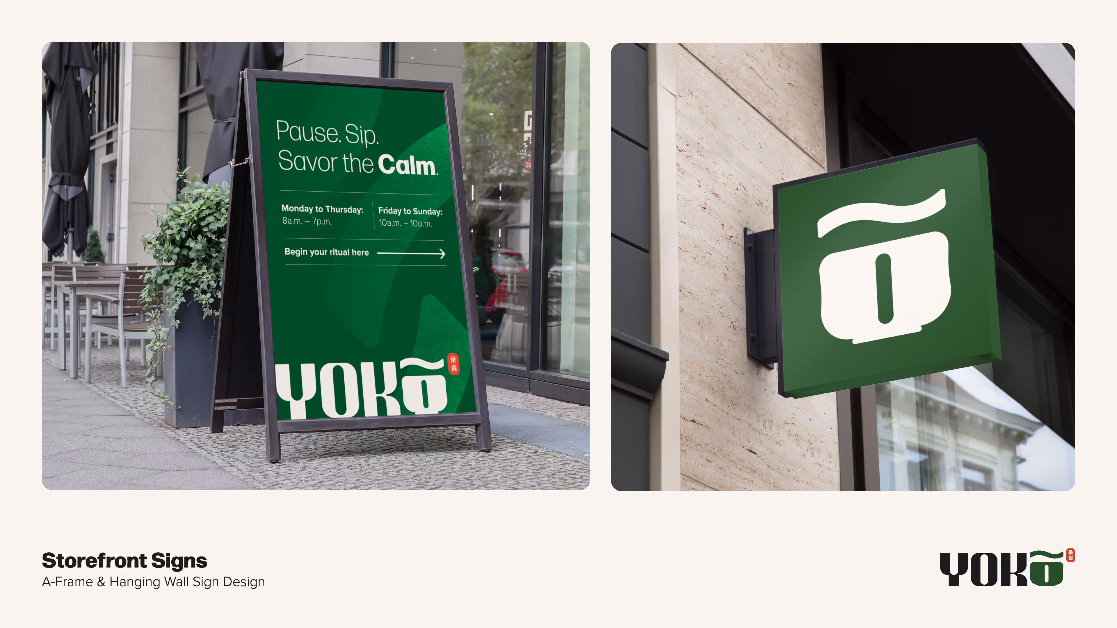 Storefront and signage mockups showing Yokō exterior signs, wave motif and charcoal-moss colorway.