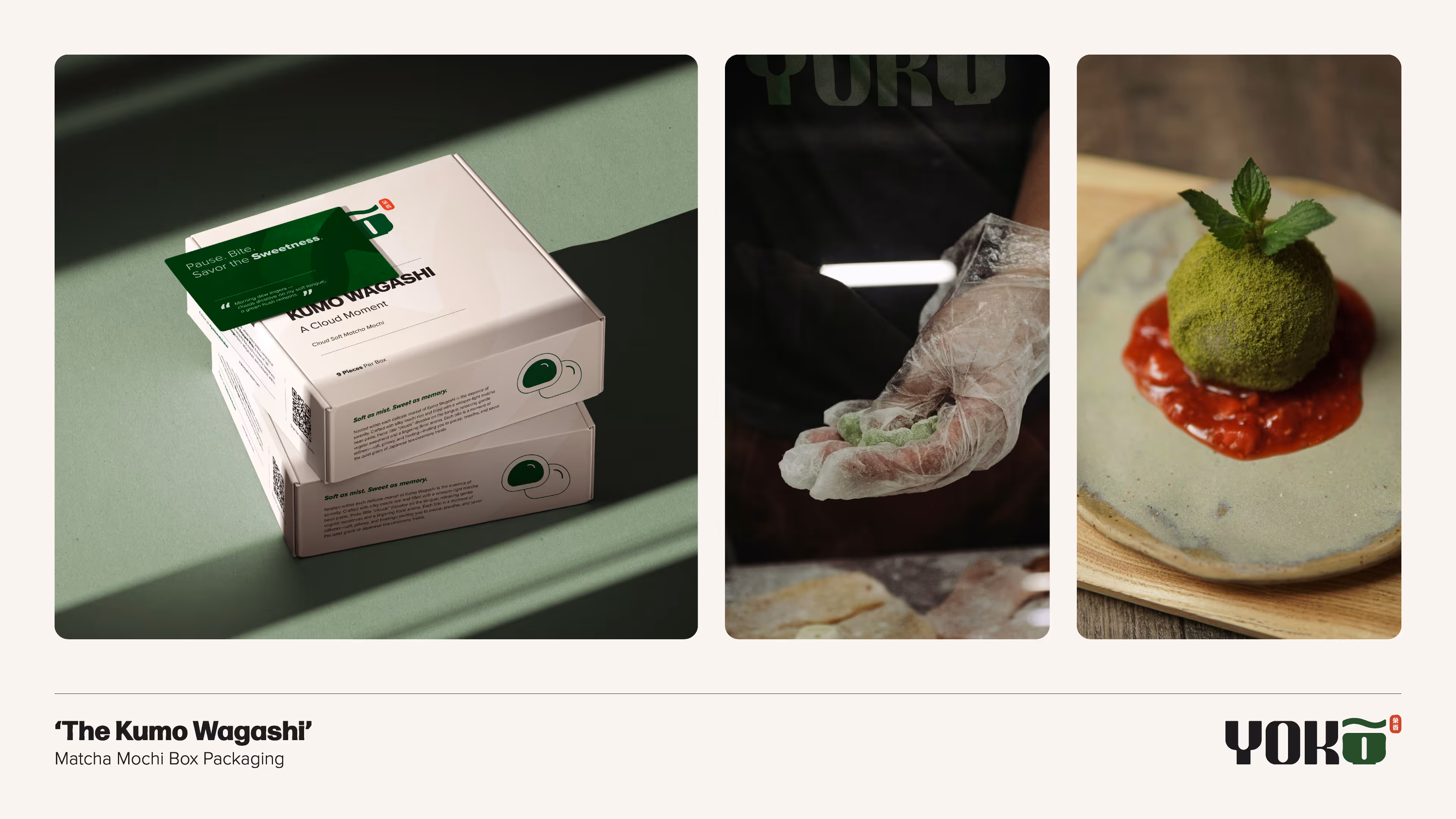 Mochi gift box mockup with Yokō logo, heavy textured paper look and rounded-corner layout.