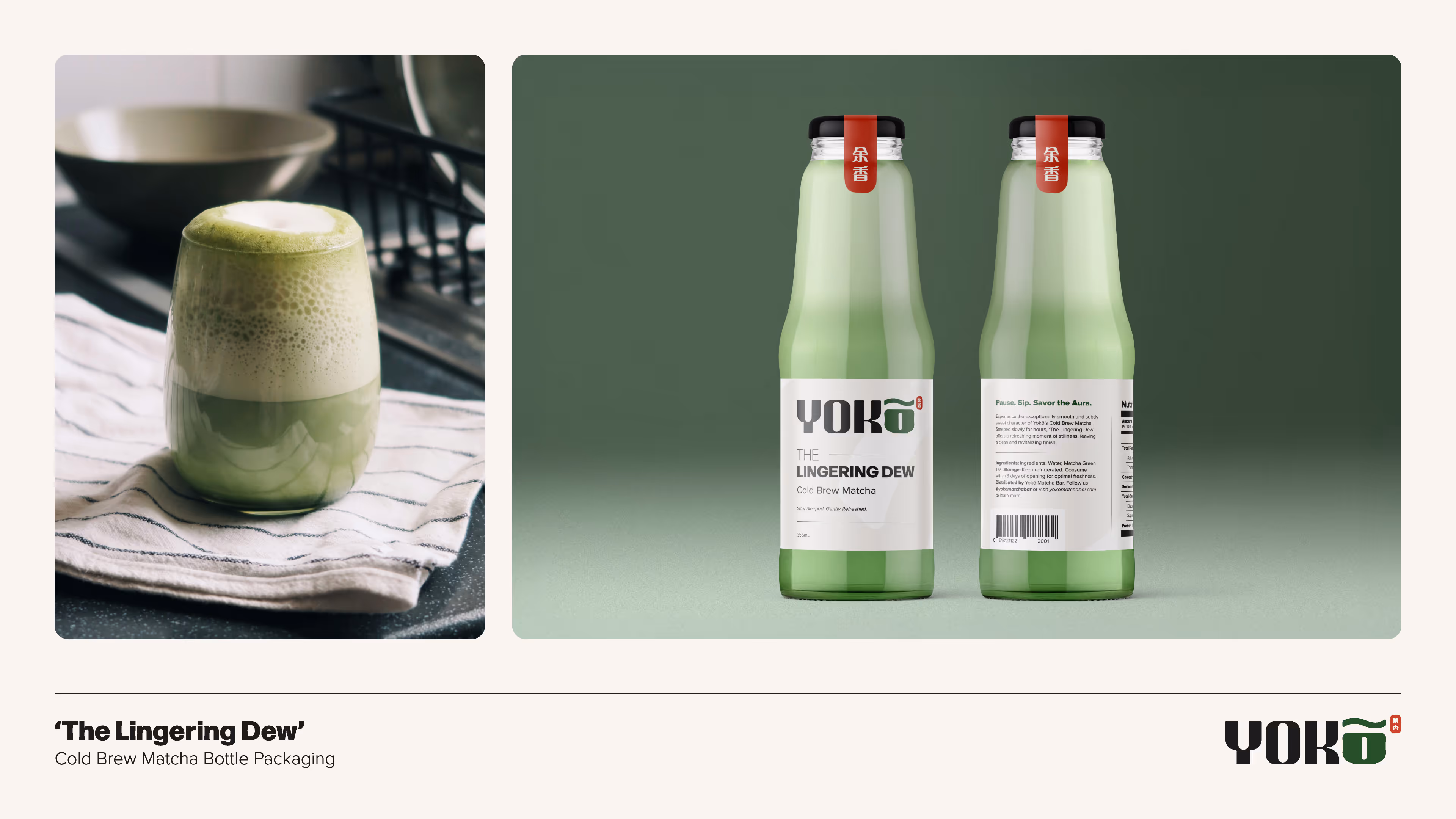 Bottled matcha product mockup with minimalist label: Yokō wordmark and moss-green accent on warm beige.