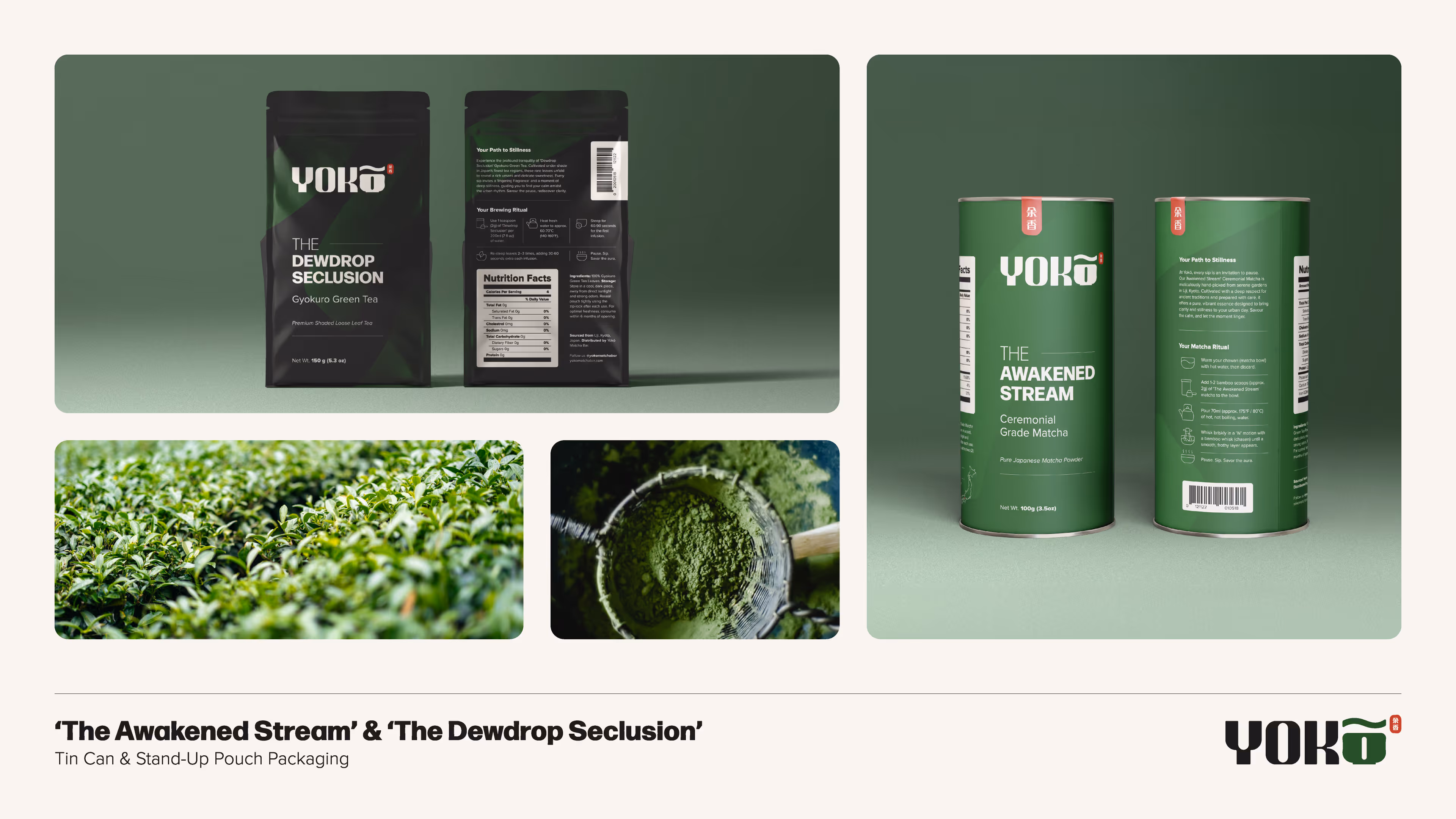 Matcha tin and pouch packaging mockup: clean labels with Yokō logo and subtle wave pattern in moss-green.