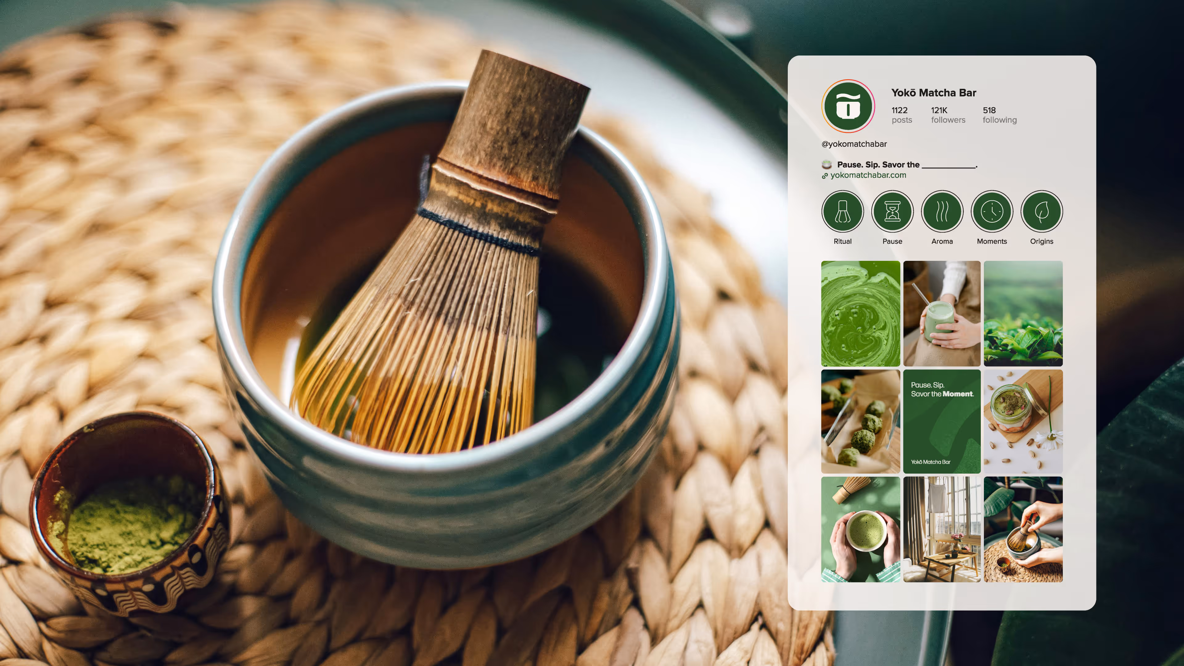 Social feed mockups: still-life product shots, tutorials and cohesive moss-green visual language for the brand.