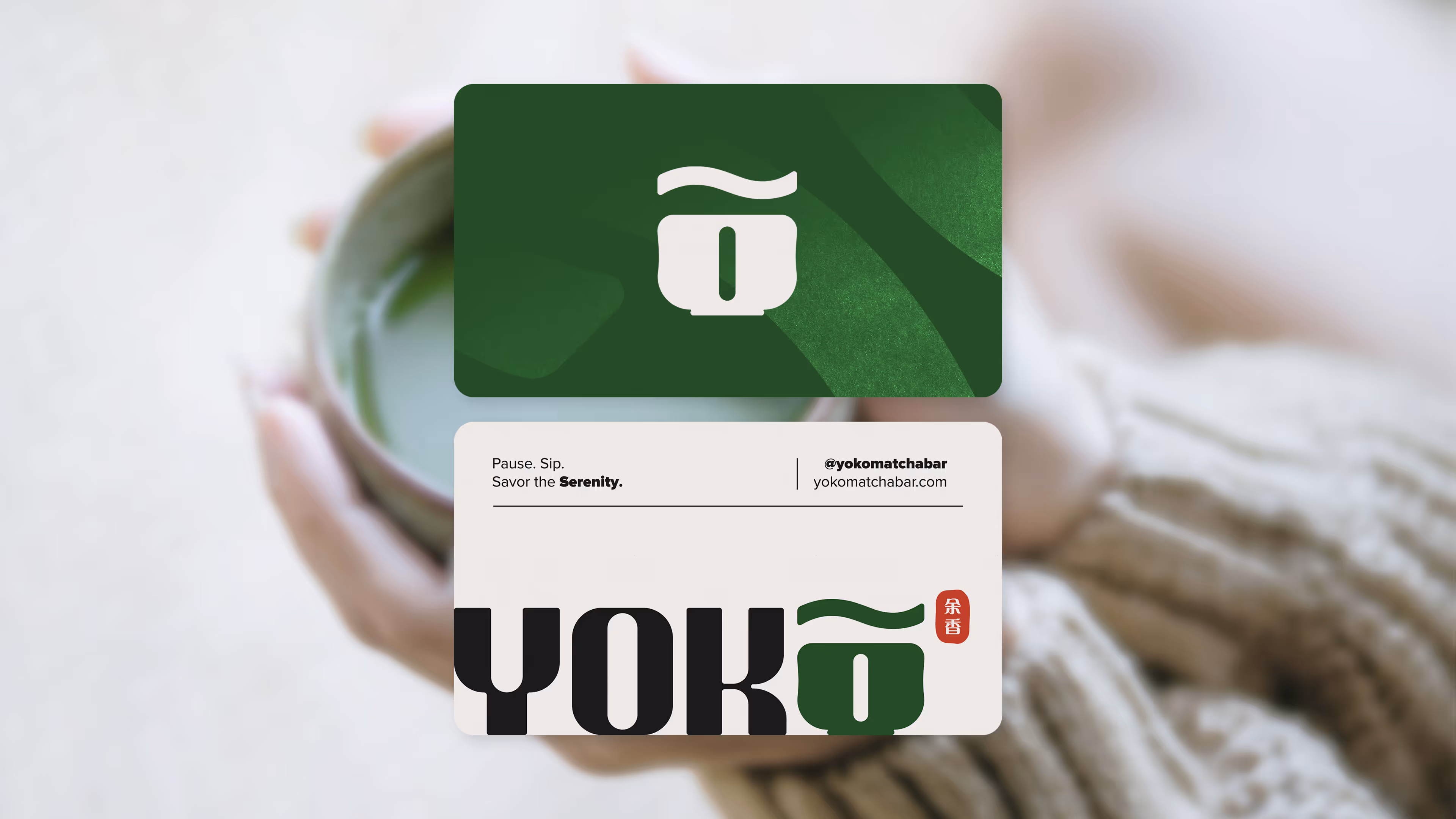 Business card mockup with rounded corners, moss-green and warm beige palette, and small red hanko seal.