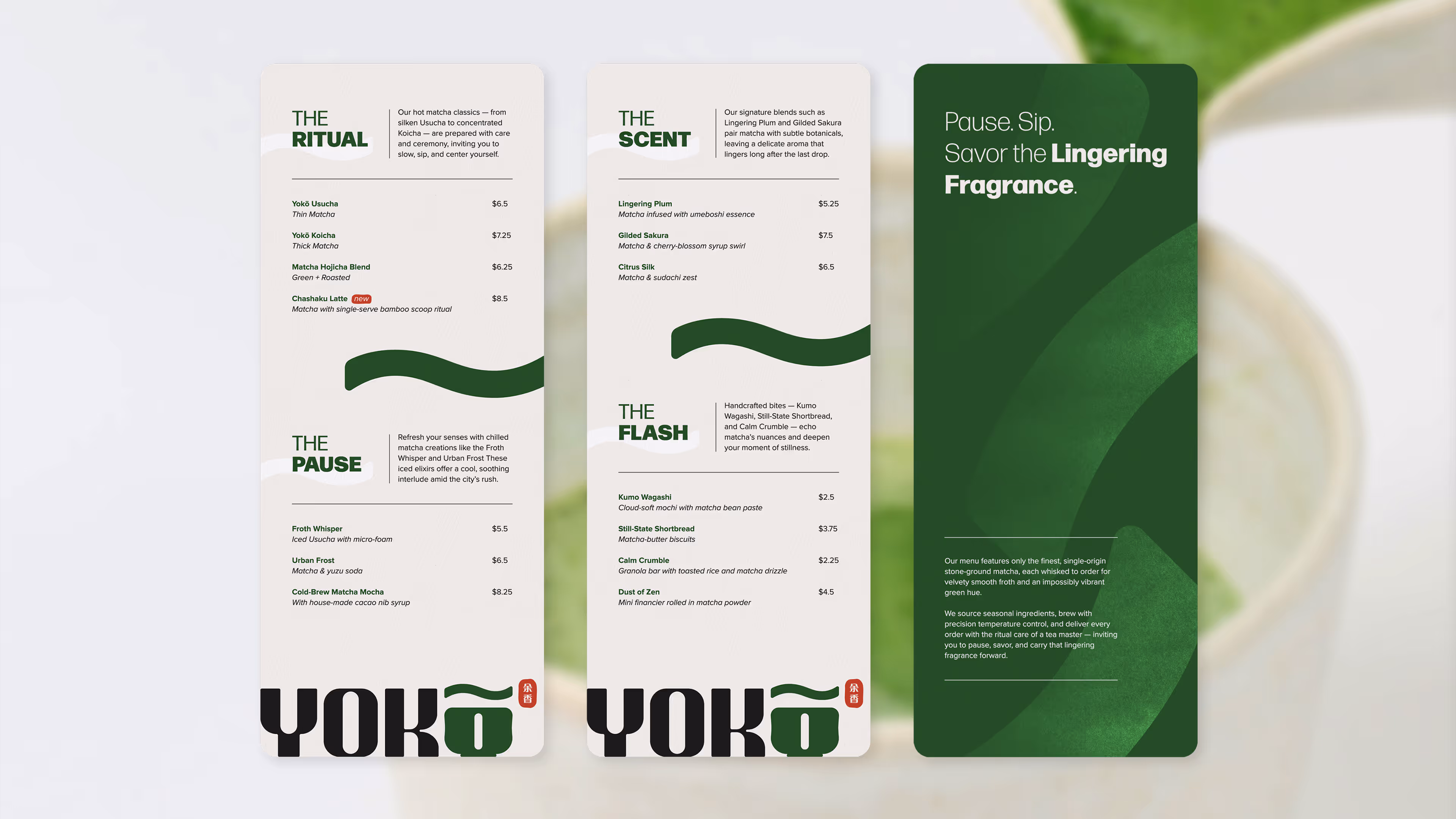 Narrow 4.5″×11″ menu (bookmark-like) with moss-green headings, wave divider and clean vertical layout.