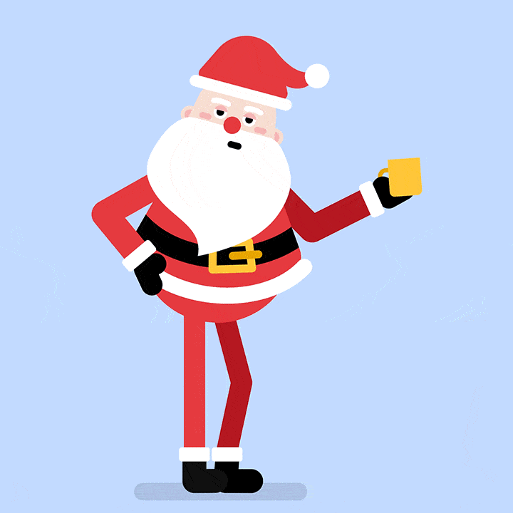 Looping geometric Santa sipping coffee, minimal flat shapes, short seamless animation.