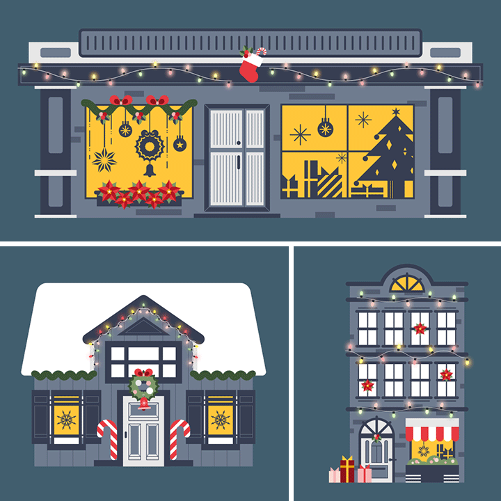 Tiled winter street with houses and christmas gift shops — repeating parallax loop.