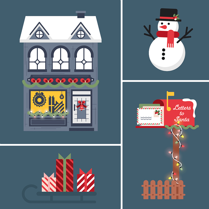 Tiled winter street with houses, a mailbox, snowman and gifts — repeating parallax loop.