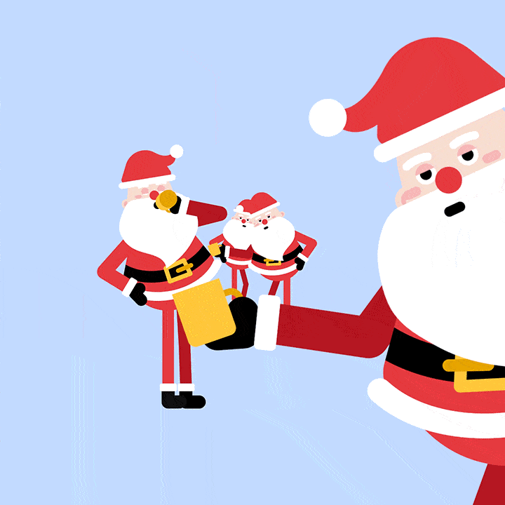 Looping geometric Santa sipping coffee, minimal flat shapes, short seamless animation.