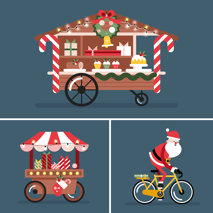 Tiled winter street with christmas stall on wheels, santa biking — repeating parallax loop.