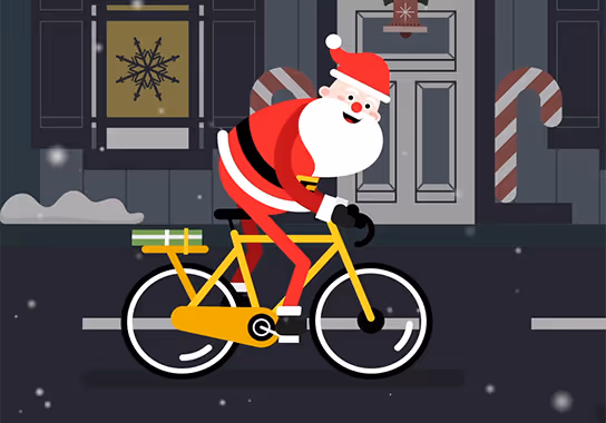 Santa Character Animation — geometric Santa in a biking pose, flat vector shapes and tiled winter scene elements.