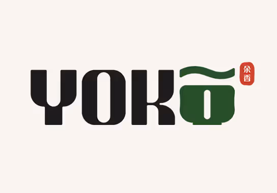 Yokō Matcha Bar — logo and packaging mockup showing moss-green wordmark, matcha-bowl “ō” icon and red hanko seal.