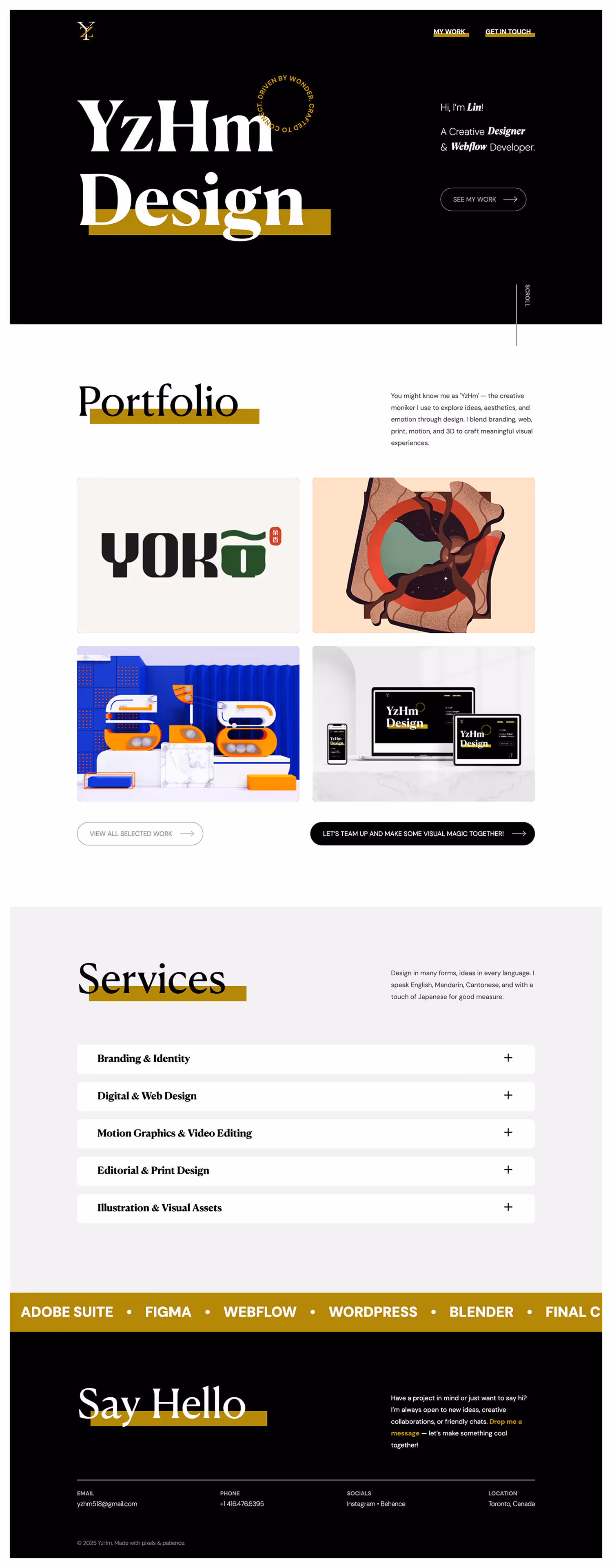 Full-page mock showing portfolio layout with large hero, work sections and contact footer.