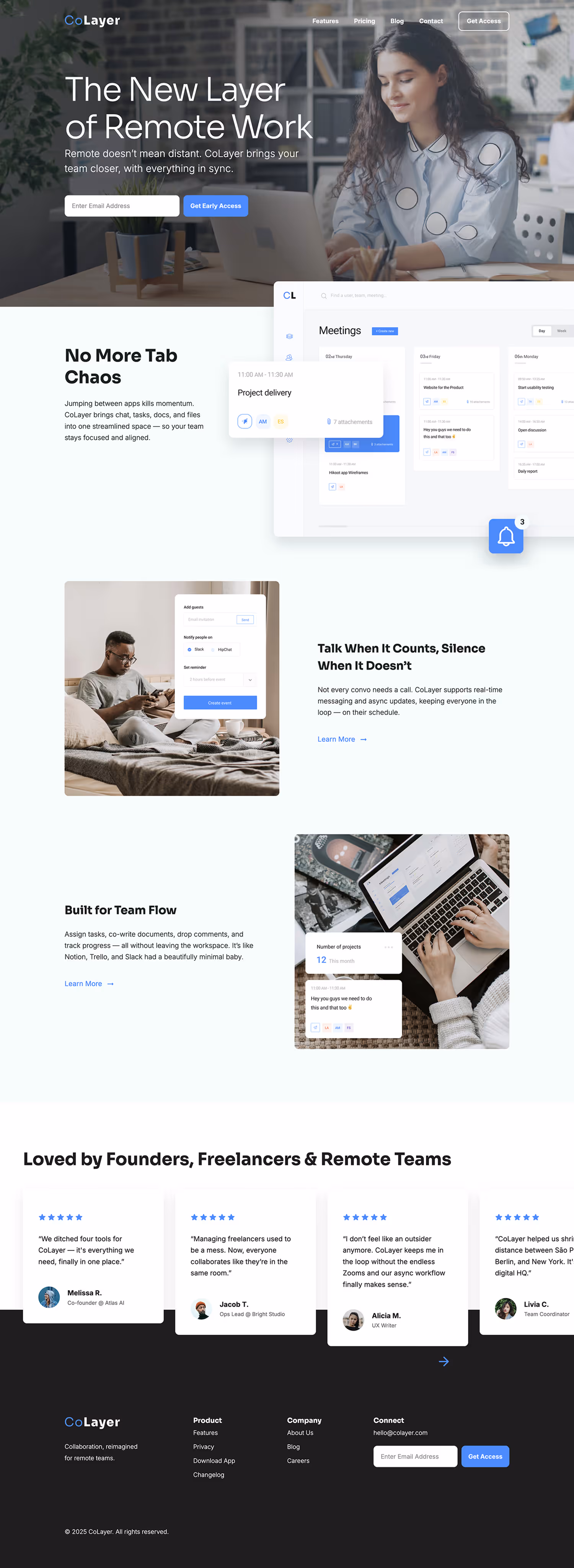 Detailed CoLayer page view showing blog excerpt grid and CMS-driven content layout.