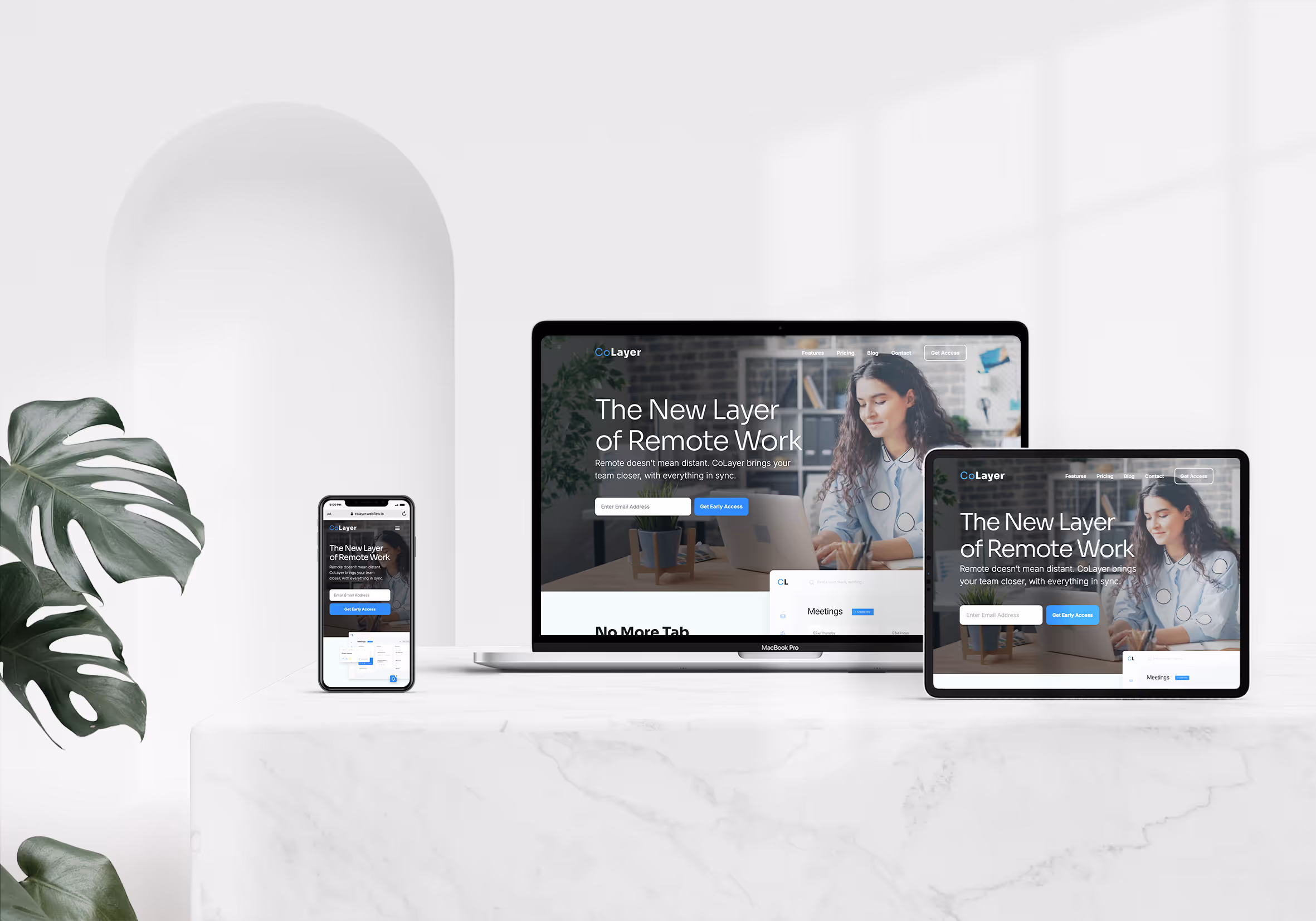 CoLayer app homepage screenshot with hero headline, feature cards and CTA buttons, displayed on different devices.