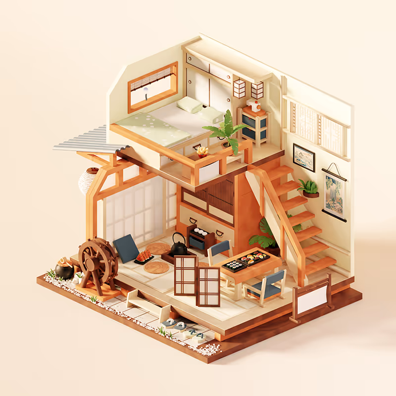 Low-poly miniature Japanese loft interior, isometric composition with warm natural lighting and simple furniture.