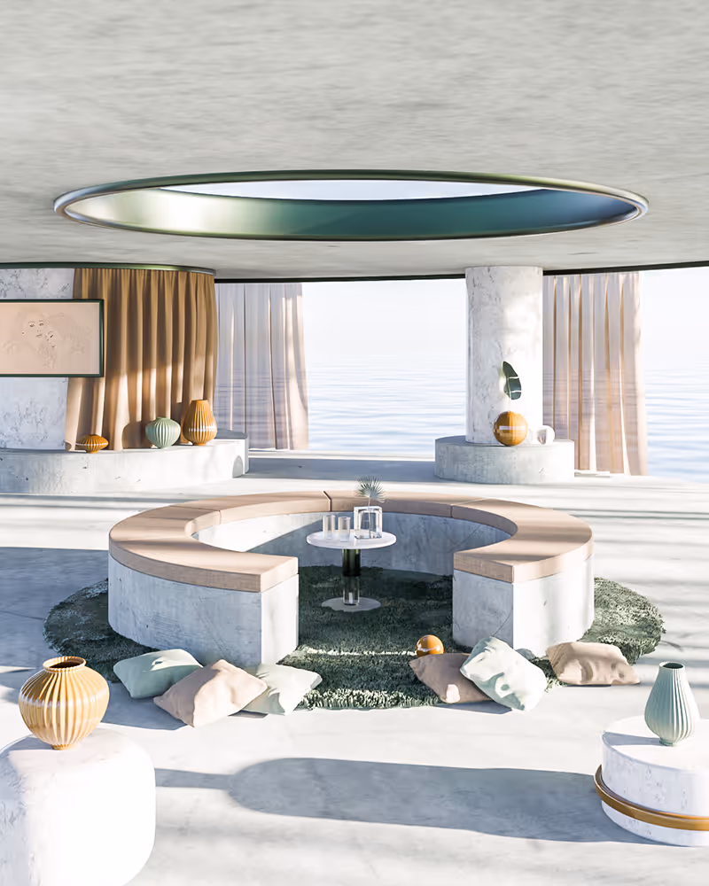 Interior archviz render showing a bright living space with natural lighting, soft shadows and material detail.