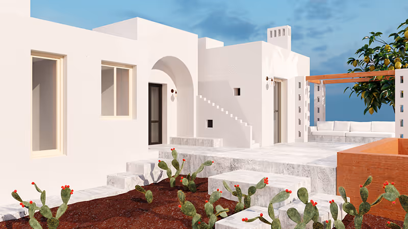 Mediterranean home with cactus and lemon tree under blue sky, sunlit with terracotta accents.