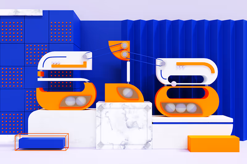 Stylized 3D numeral scene (518) in blue and orange — sculptural layout with layered depth.