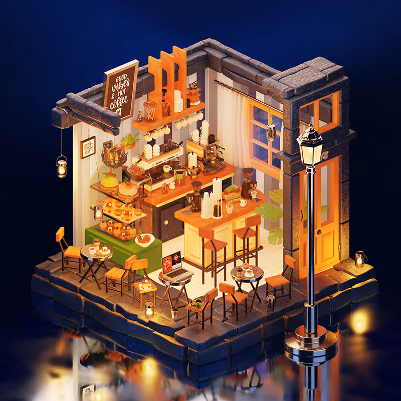 Low-poly miniature coffee shop diorama with counter, seating and stylized signage, rendered with soft shadows.
