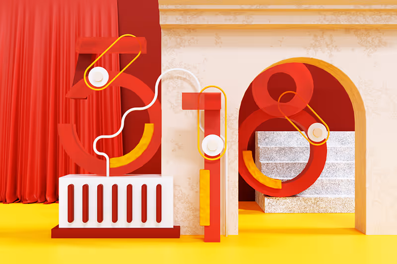 Stylized 3D numeral scene (518) in red and yellow — bold forms and playful composition.