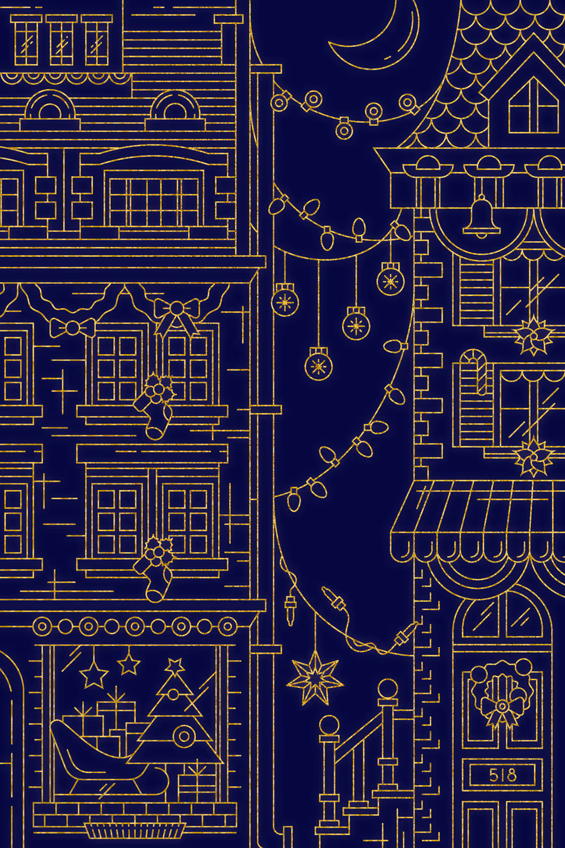 Christmas alley line drawing with detailed shopfronts and festive street elements.