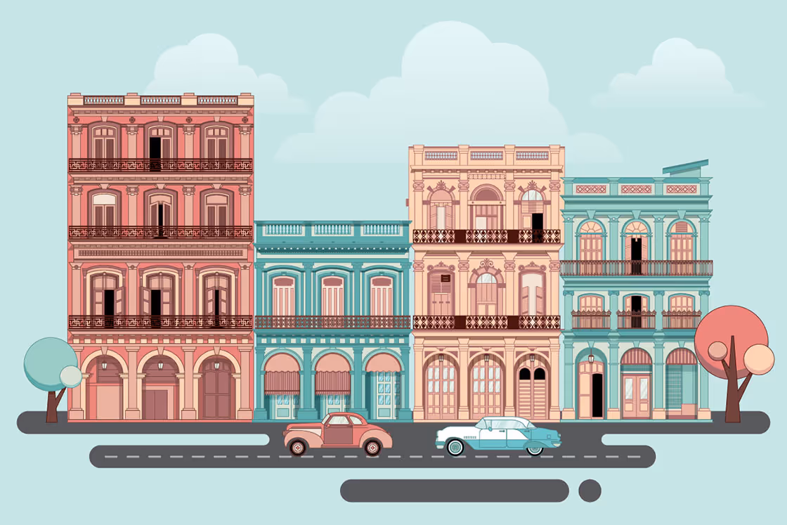 Illustration of Cuban architecture: colorful facades and simplified geometric building forms.