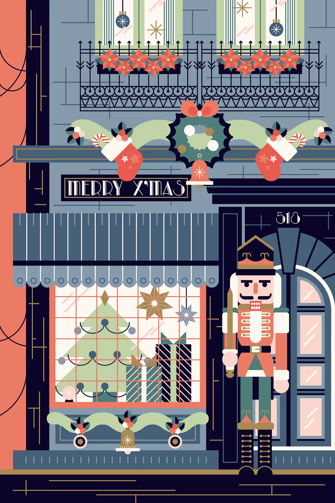 Nutcracker storefront decoration illustration with seasonal shopfront elements.