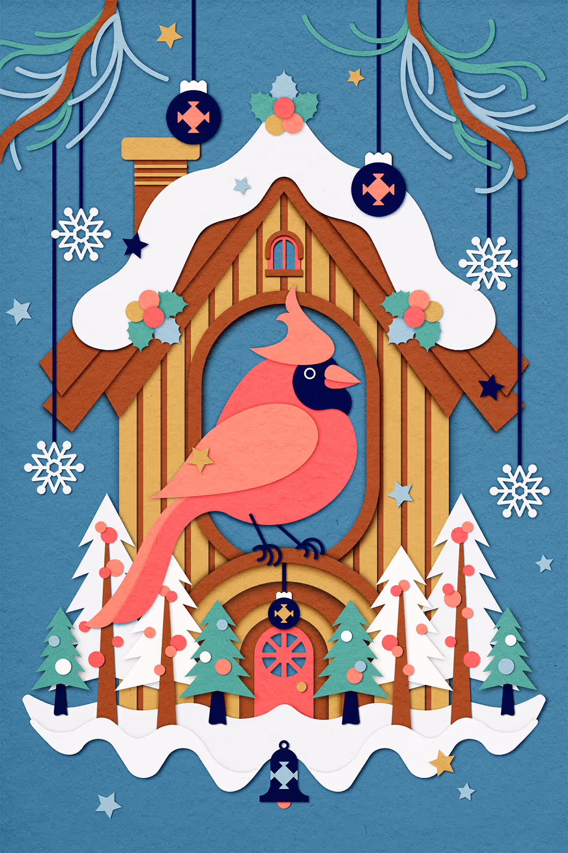 Papercut-style cardinal and birdhouse composition with layered paper silhouettes.