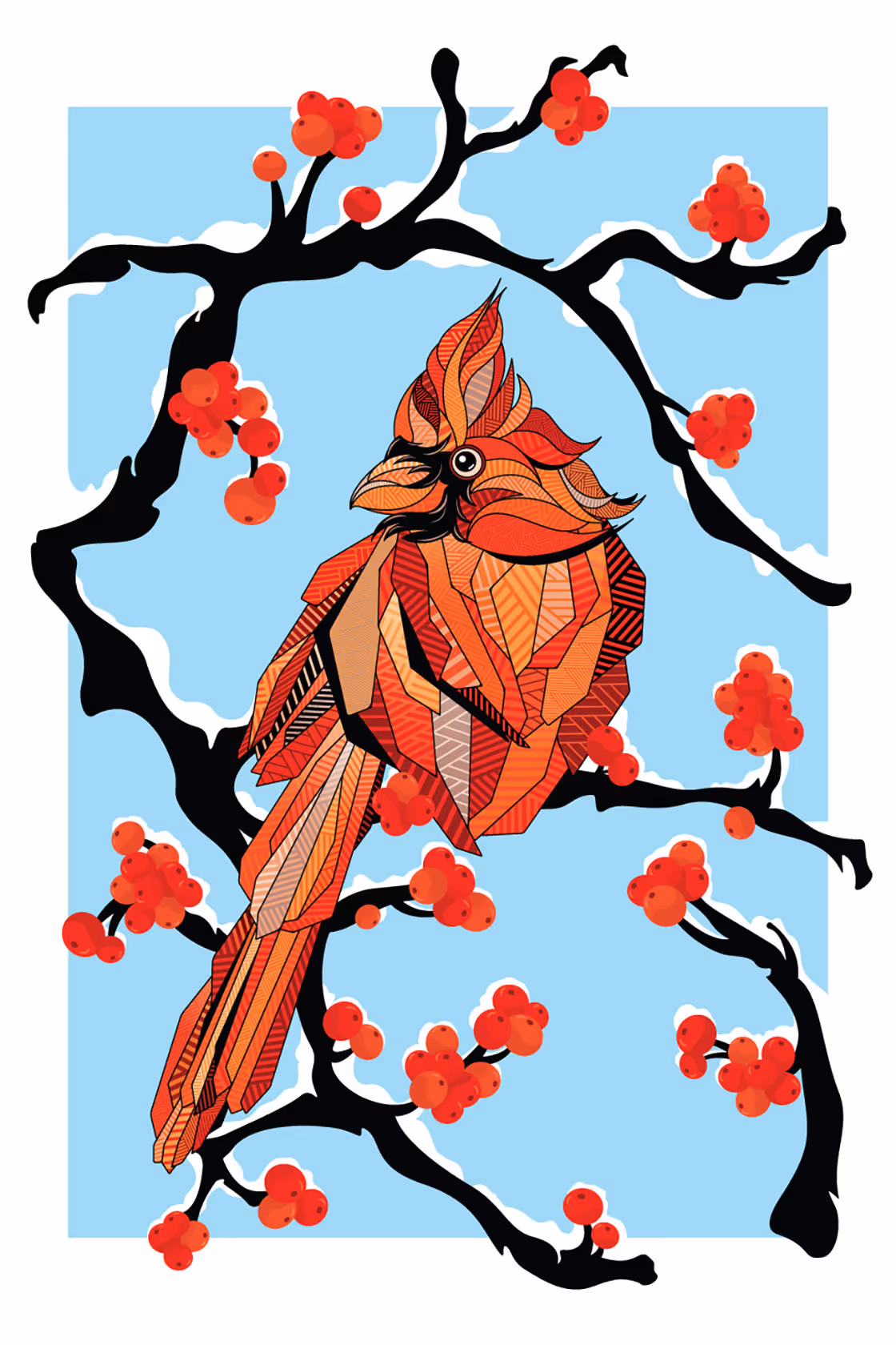 Cardinal bird perched on a fruit branch — seasonal illustration with natural details.