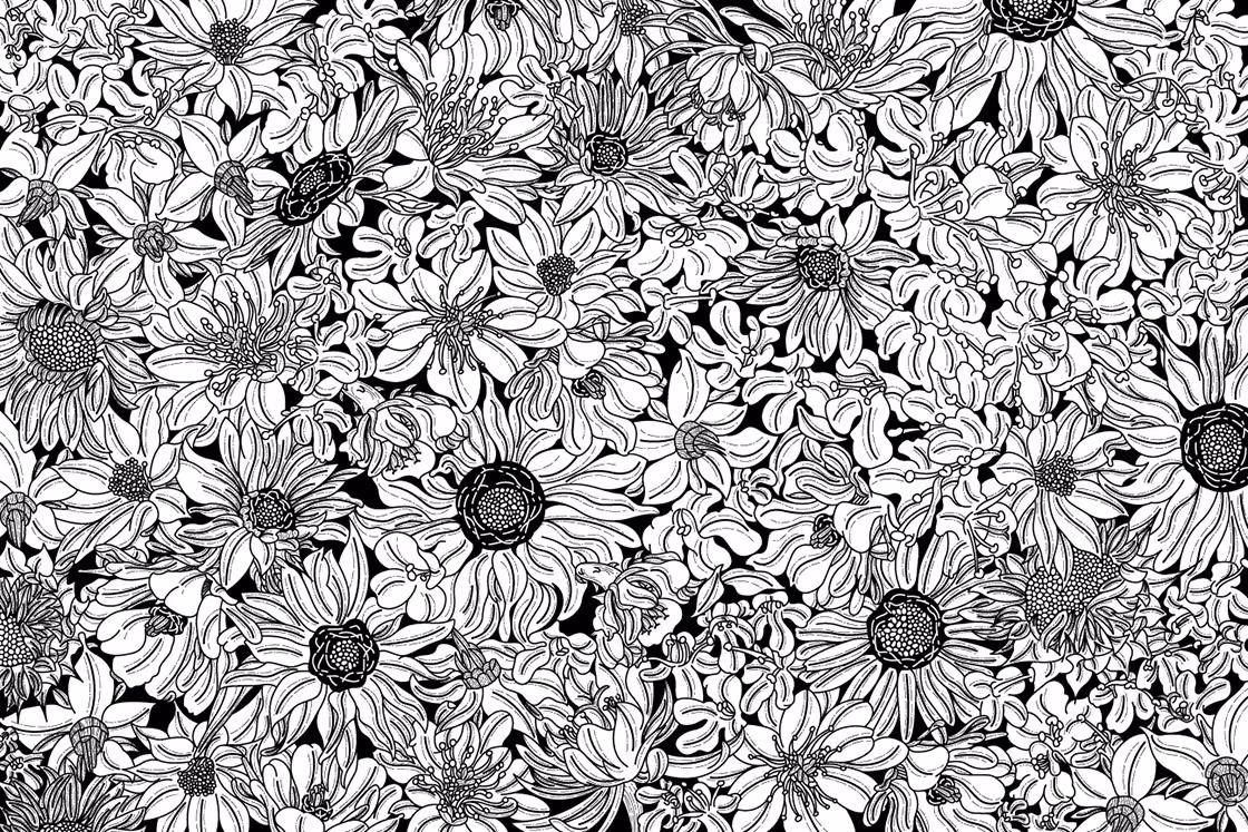 Dense black-and-white floral pattern, decorative texture suitable for backgrounds or print.