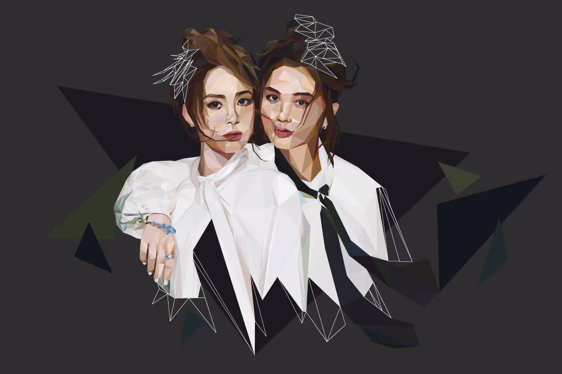Abstract low-poly portrait of Twins composed of geometric facets and flat color planes.