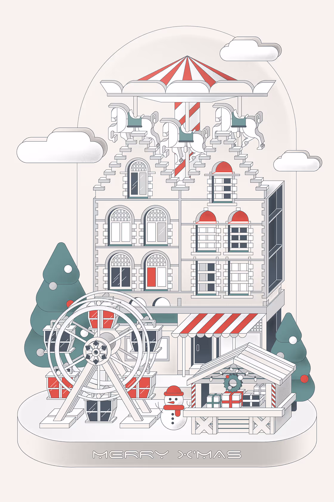 Miniature snow-globe diorama of a Christmas micro-world — 3D vector scenes.