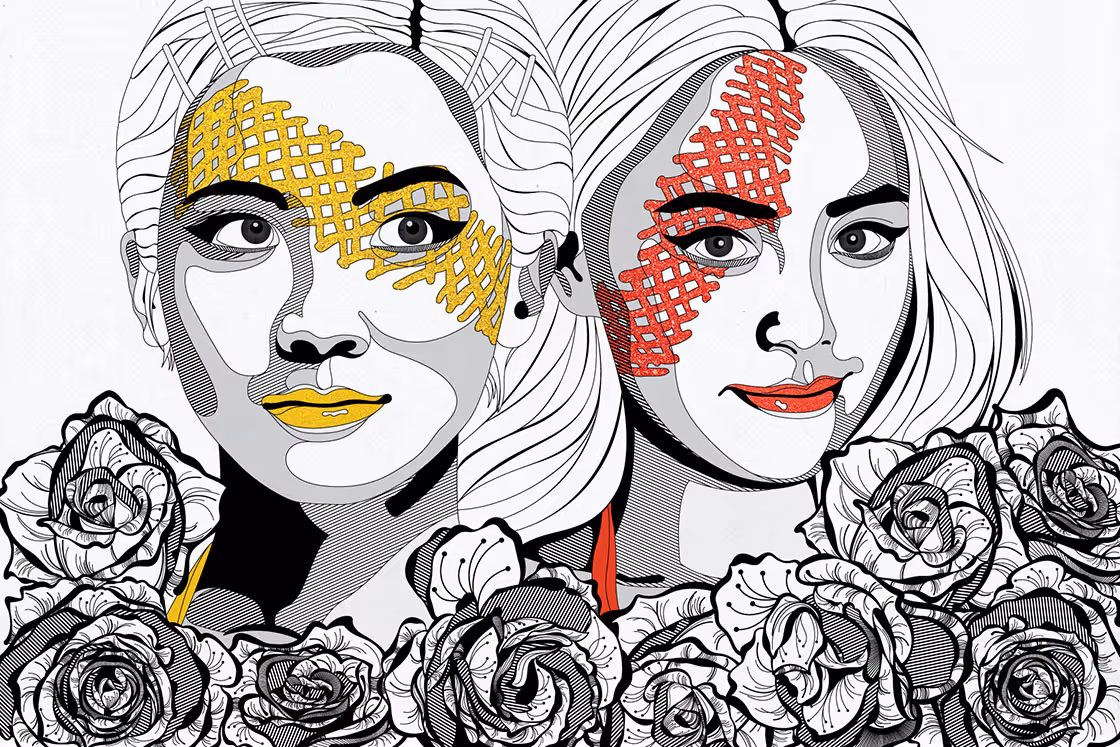 Black-and-white portrait of Twins and roses in detailed linework, high-contrast illustrative study.