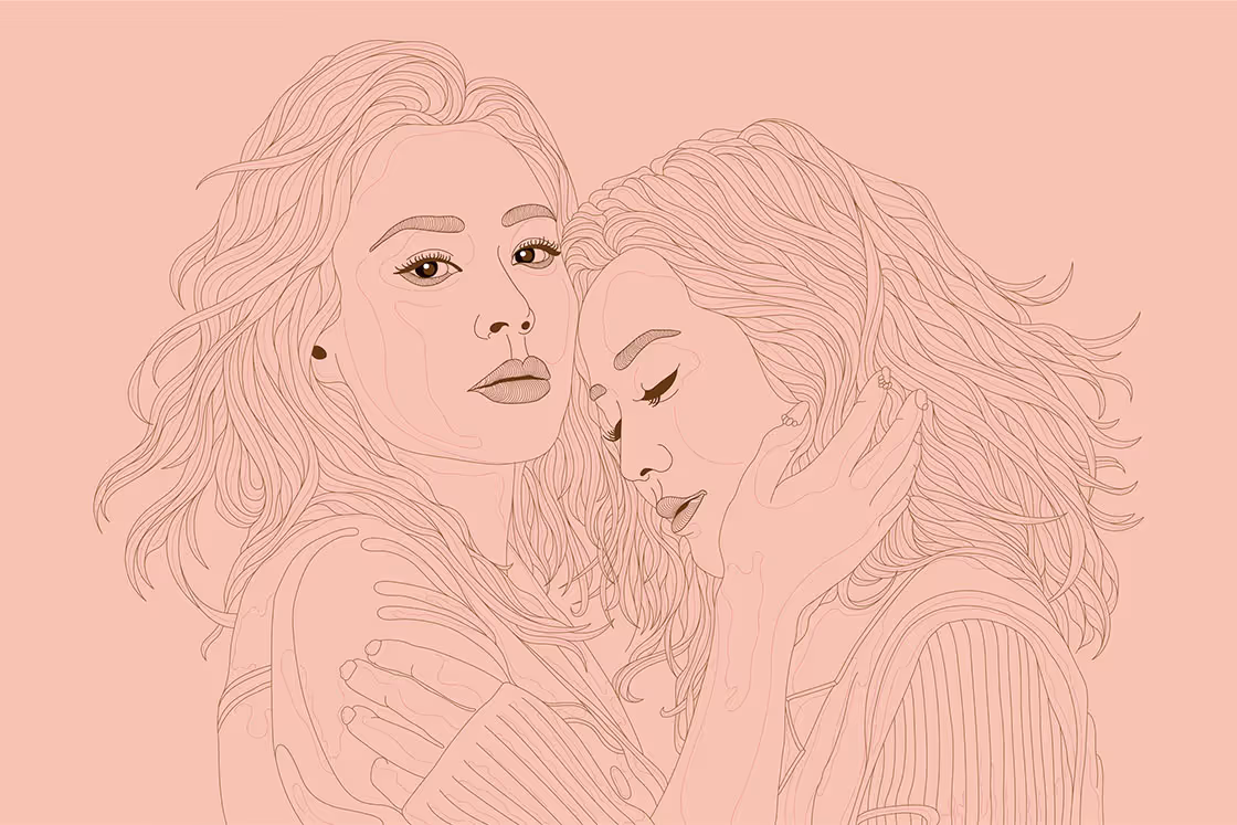 Minimal line portrait of two faces (Twins), elegant stroke illustration.