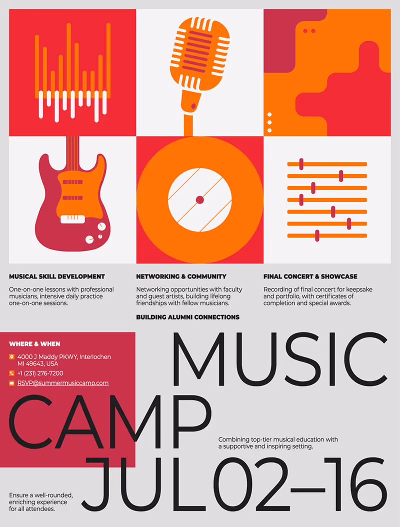 Music camp poster with illustrated instruments, large headline and event details.