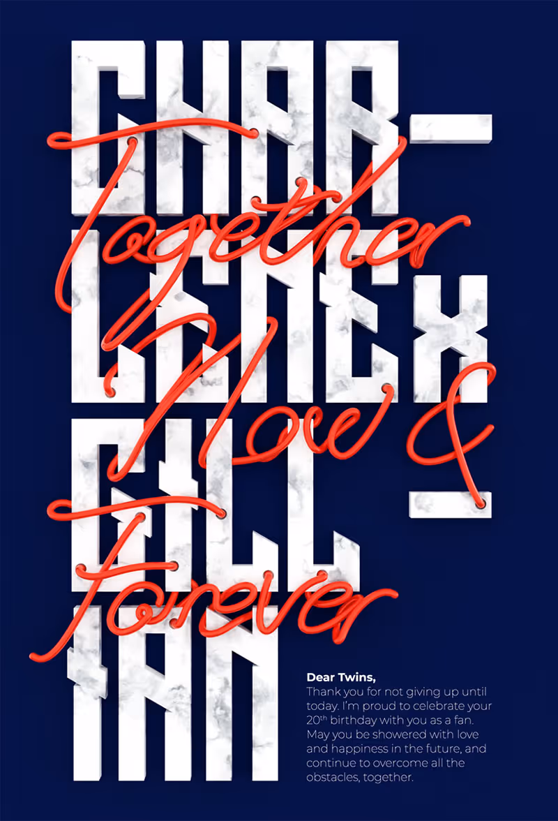 Poster with 3D marble typography and neon accents.