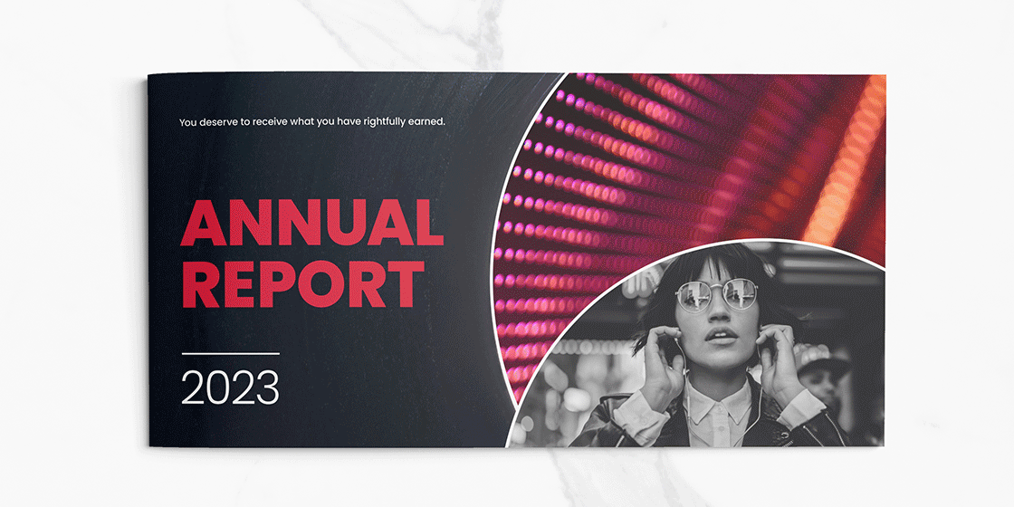 Music industry annual report layout with data charts, large imagery and well-structured editorial pages.
