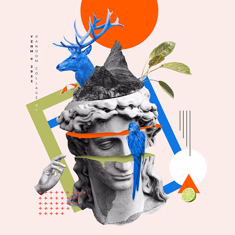 Digital collage featuring a marble statue and animals layered over textured backgrounds.