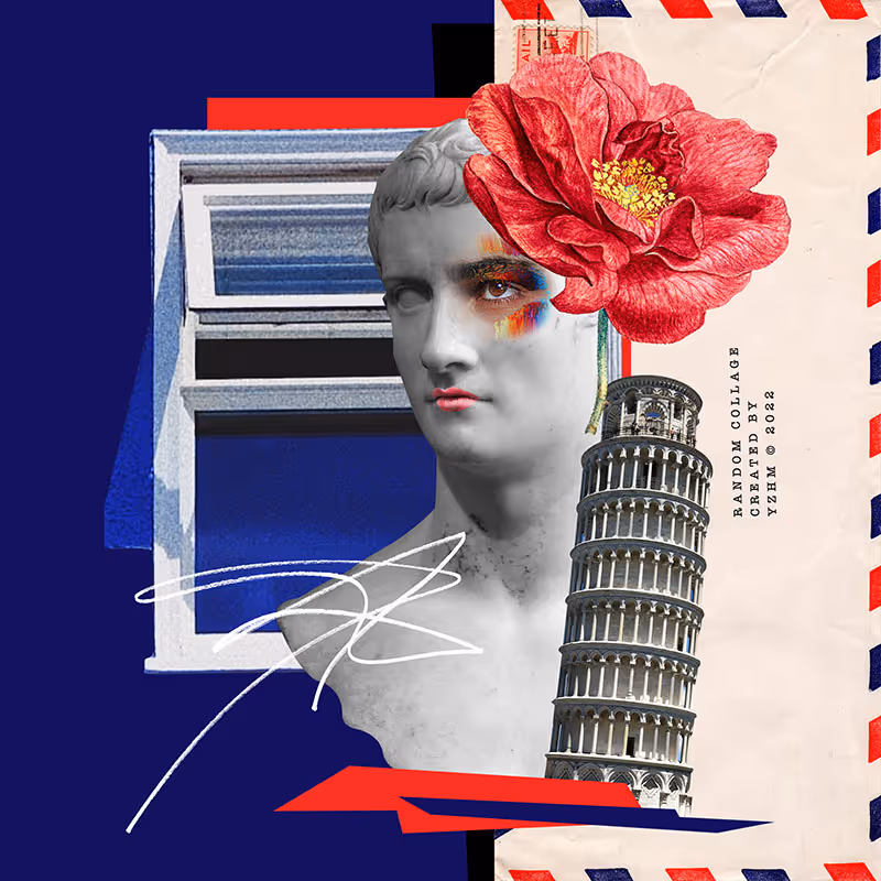 Collage composition with marble bust, postage-motif elements and layered graphic accents.