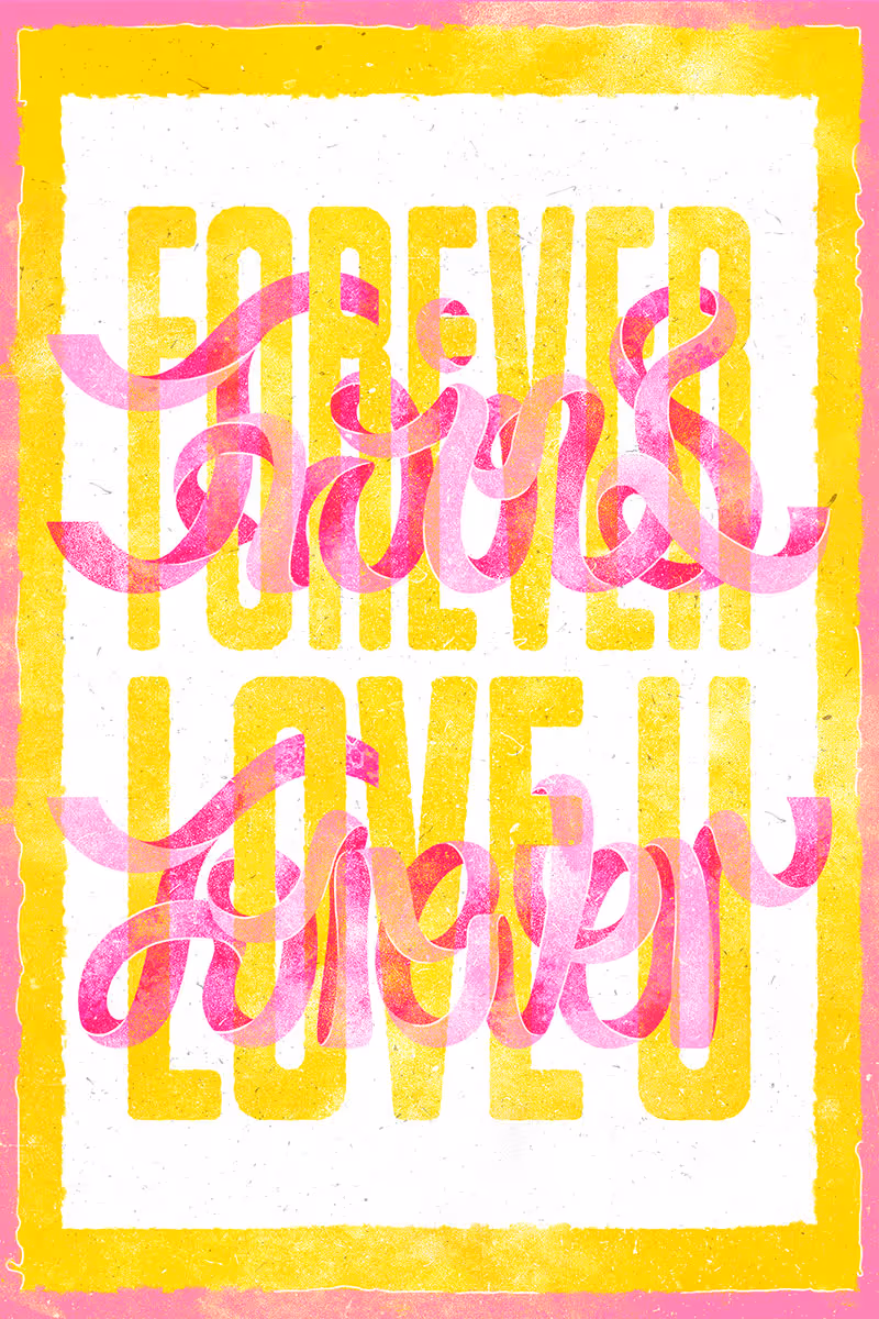 Ribbon-style lettering treatment for ‘Forever Twins’ with flowing curved ribbons and layered treatments.