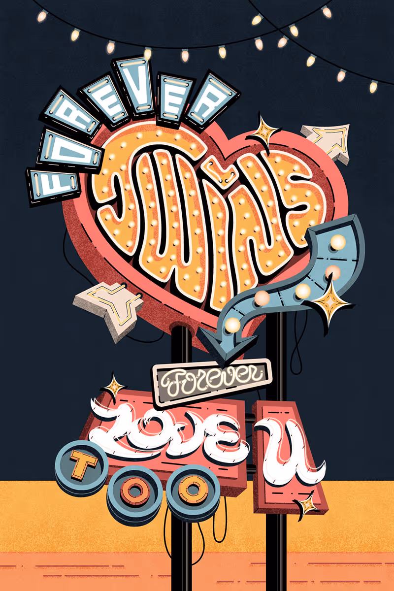 Retro sign lettering for ‘Forever Twins’ — vintage-inspired letterforms and decorative ornament.