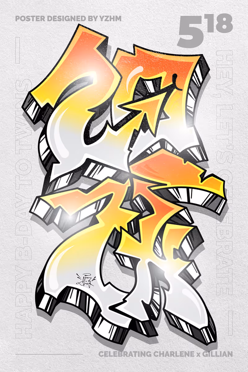 Graffiti lettering turn with layered shadows and stylized geometric fills.