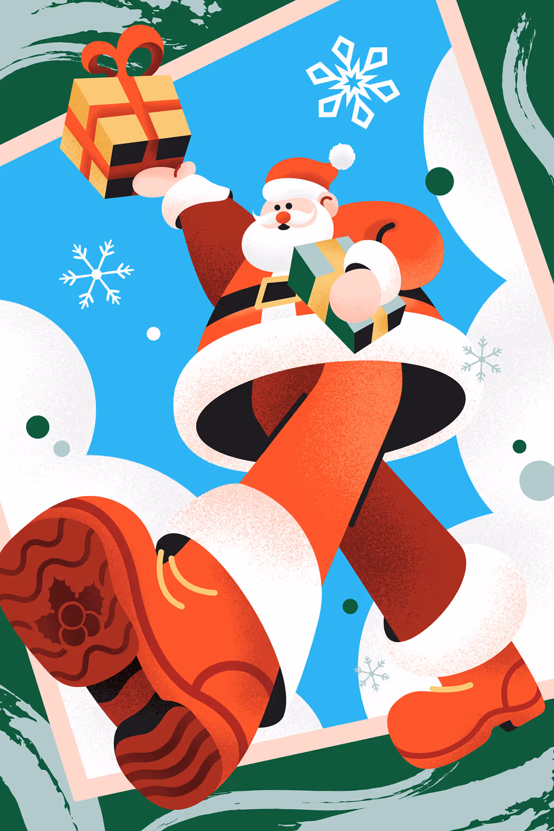 Vector illustration of Santa Claus leaping with gifts; geometric shapes, textured grain, bright festive colors.