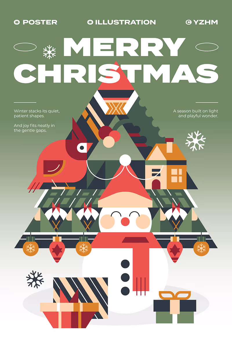 Geometric vector Christmas poster reading 'Merry Christmas' with a patterned tree, stylized snowman, cardinal and gift boxes in green and red.