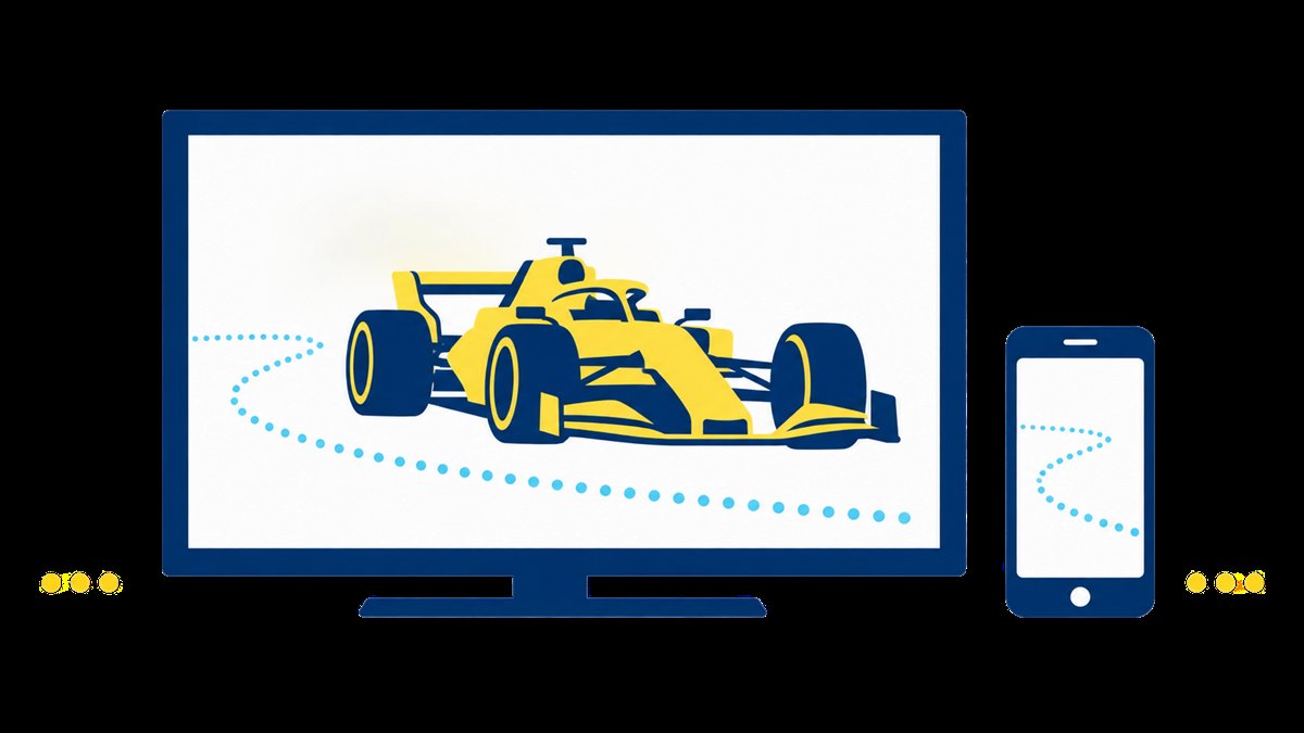 ภาพประกอบวิธีดู f1 สด รถแข่งล้อเปิดบนทางโค้งของสนาม พร้อมหน้าจอโทรทัศน์ที่กำลังถ่ายทอดสดอยู่ด้านหน้า